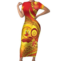 Vanuatu 45 Yia Indipendens Anivesari Short Sleeve Bodycon Dress Tamtam Drum With Boar Tusk LT05 Long Dress Yellow - Polynesian Pride