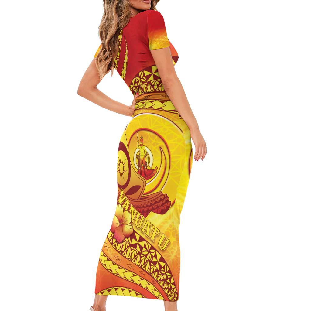 Vanuatu 45 Yia Indipendens Anivesari Short Sleeve Bodycon Dress Tamtam Drum With Boar Tusk LT05 - Polynesian Pride