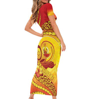 Vanuatu 45 Yia Indipendens Anivesari Short Sleeve Bodycon Dress Tamtam Drum With Boar Tusk LT05 - Polynesian Pride