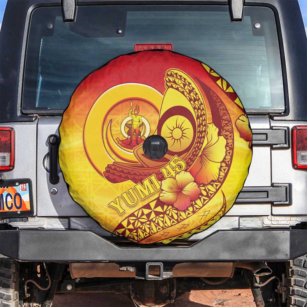 Vanuatu 45 Yia Indipendens Anivesari Spare Tire Cover Tamtam Drum With Boar Tusk LT05 Yellow - Polynesian Pride