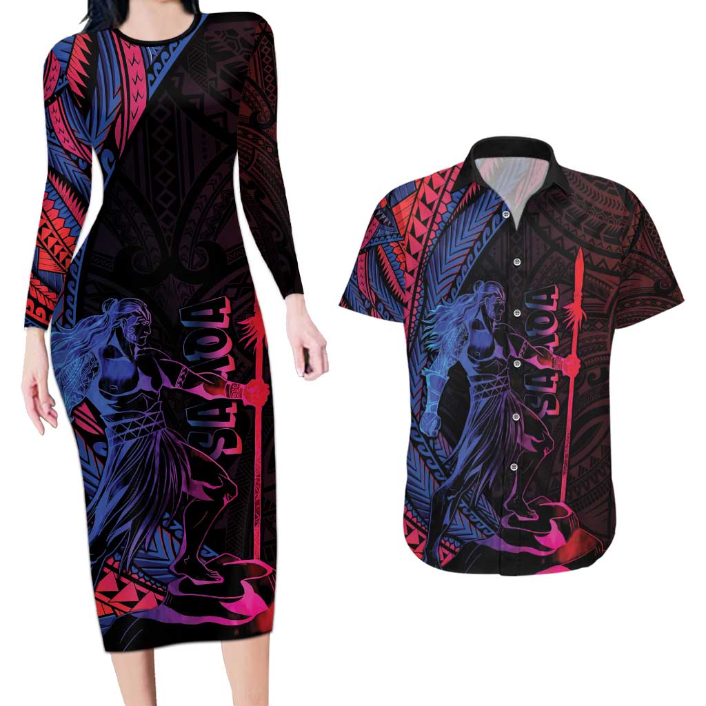 Samoan Pride Couples Matching Long Sleeve Bodycon Dress and Hawaiian Shirt The Tui Manua LT05 Black - Polynesian Pride