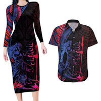 Samoan Pride Couples Matching Long Sleeve Bodycon Dress and Hawaiian Shirt The Tui Manua LT05 Black - Polynesian Pride