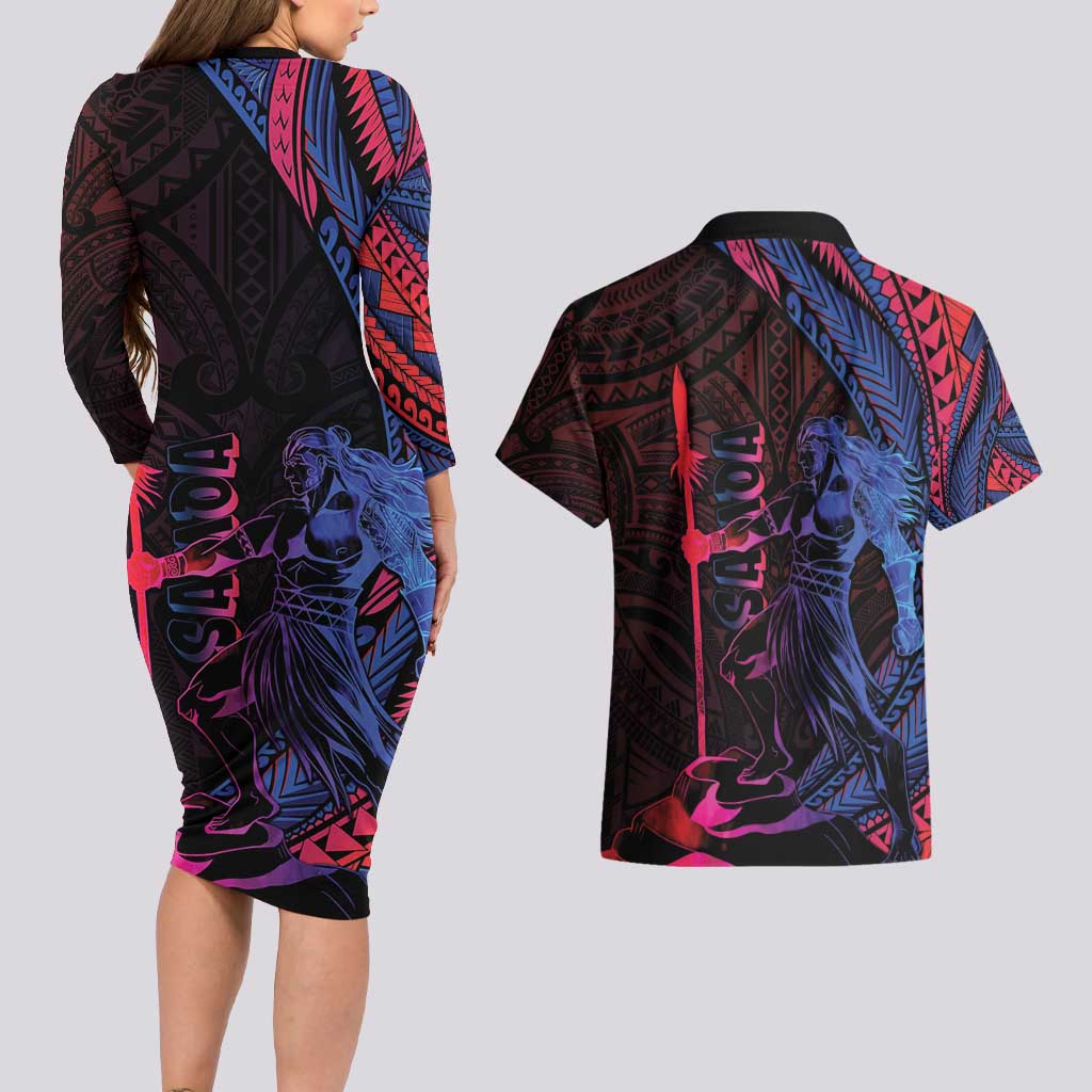 Samoan Pride Couples Matching Long Sleeve Bodycon Dress and Hawaiian Shirt The Tui Manua LT05 - Polynesian Pride
