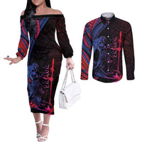 Samoan Pride Couples Matching Off The Shoulder Long Sleeve Dress and Long Sleeve Button Shirt The Tui Manua LT05 Black - Polynesian Pride