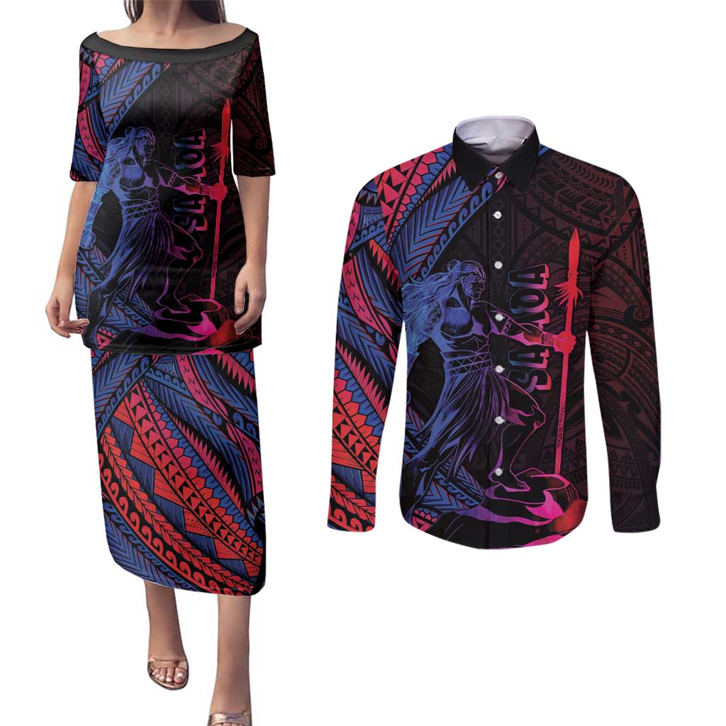 Samoan Pride Couples Matching Puletasi and Long Sleeve Button Shirt The Tui Manua - Polynesian Pride