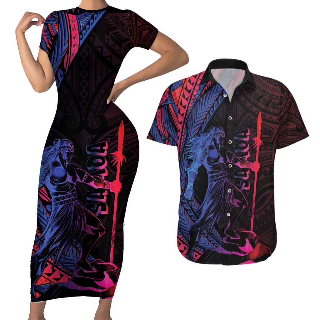 Samoan Pride Couples Matching Short Sleeve Bodycon Dress and Hawaiian Shirt The Tui Manua LT05 Black - Polynesian Pride
