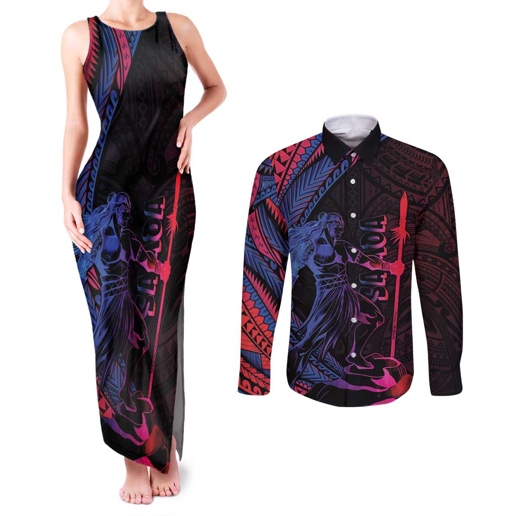 Samoan Pride Couples Matching Tank Maxi Dress and Long Sleeve Button Shirt The Tui Manua - Polynesian Pride