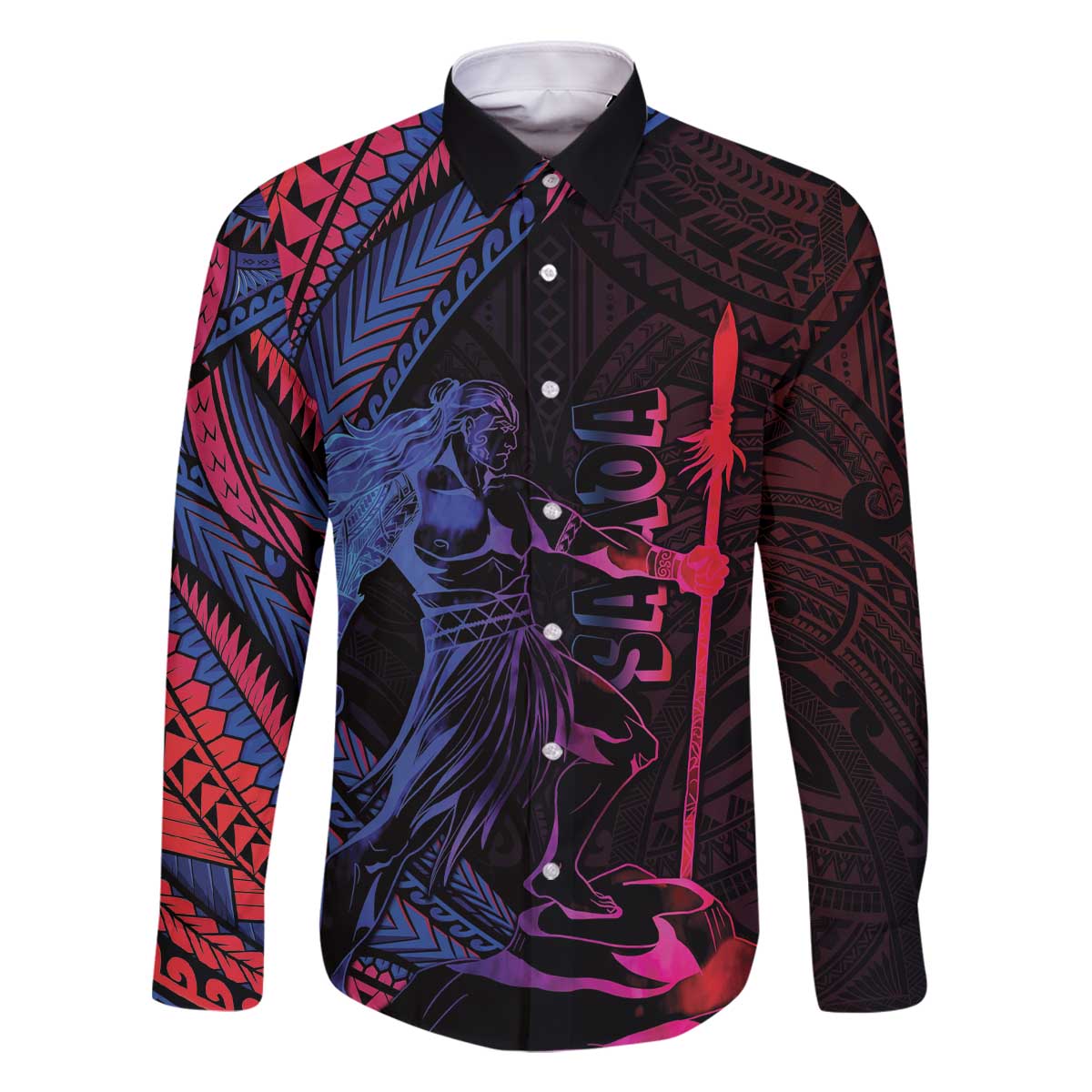 Samoan Pride Family Matching Off The Shoulder Long Sleeve Dress and Hawaiian Shirt The Tui Manua LT05 Dad's Shirt - Long Sleeve Black - Polynesian Pride