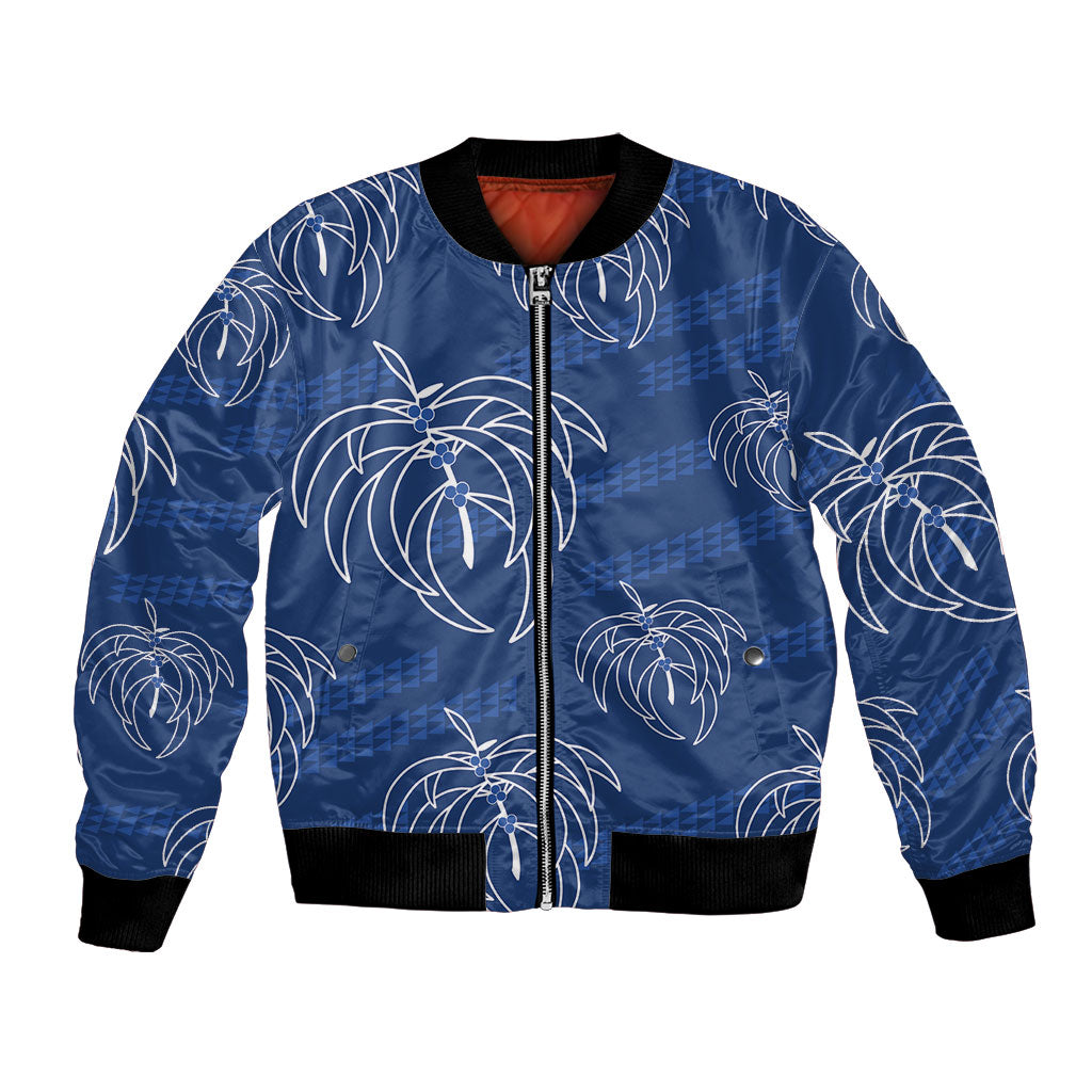 Aloha Hawaii Acacia Koa Leaves Bomber Jacket Navy Kakau Tribal Pattern