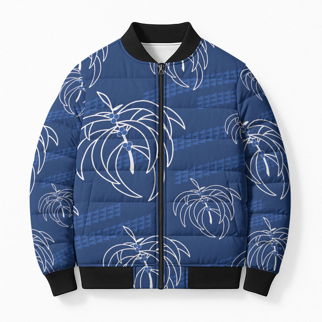 Aloha Hawaii Acacia Koa Leaves Bomber Puffer Jacket Navy Kakau Tribal Pattern