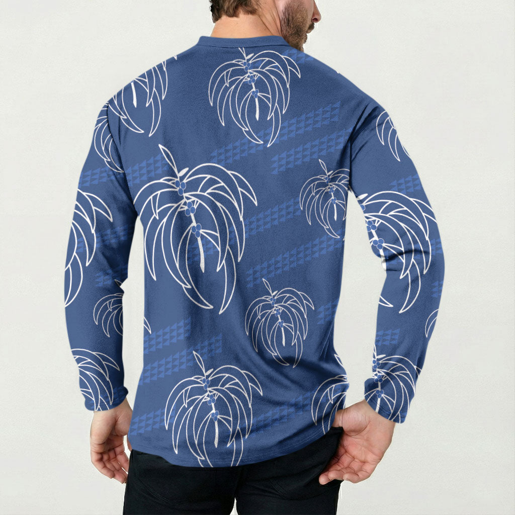 Aloha Hawaii Acacia Koa Leaves Button Sweatshirt Navy Kakau Tribal Pattern LT05 - Polynesian Pride