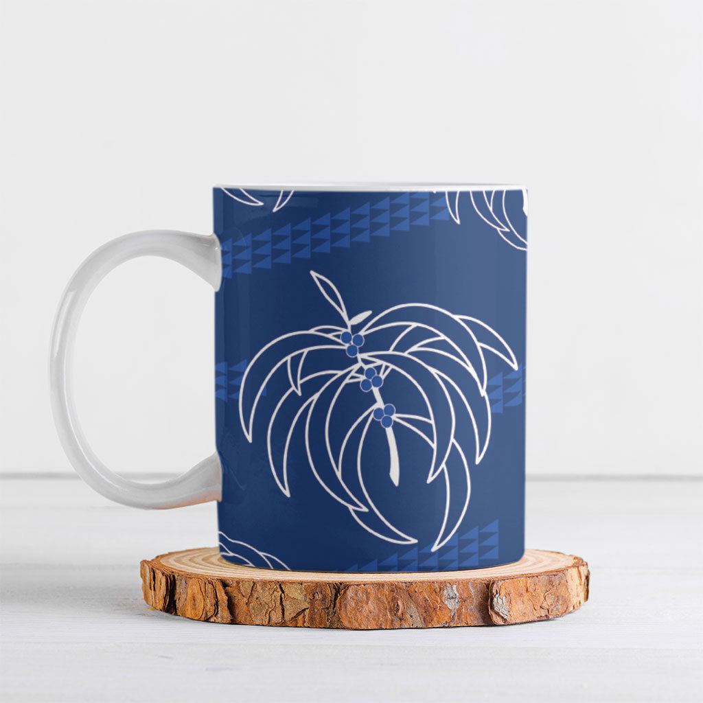 Aloha Hawaii Acacia Koa Leaves Ceramic Mug Navy Kakau Tribal Pattern