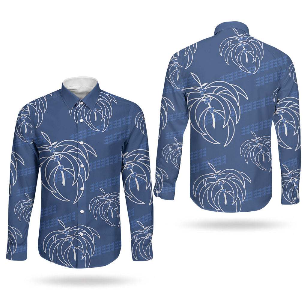 Aloha Hawaii Acacia Koa Leaves Couples Matching Off Shoulder Short Dress and Long Sleeve Button Shirt Navy Kakau Tribal Pattern LT05 - Polynesian Pride