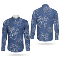 Aloha Hawaii Acacia Koa Leaves Couples Matching Off The Shoulder Long Sleeve Dress and Long Sleeve Button Shirt Navy Kakau Tribal Pattern LT05 - Polynesian Pride