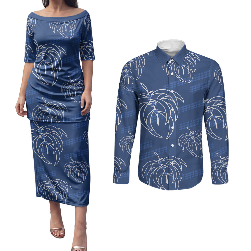 Aloha Hawaii Acacia Koa Leaves Couples Matching Puletasi and Long Sleeve Button Shirt Navy Kakau Tribal Pattern