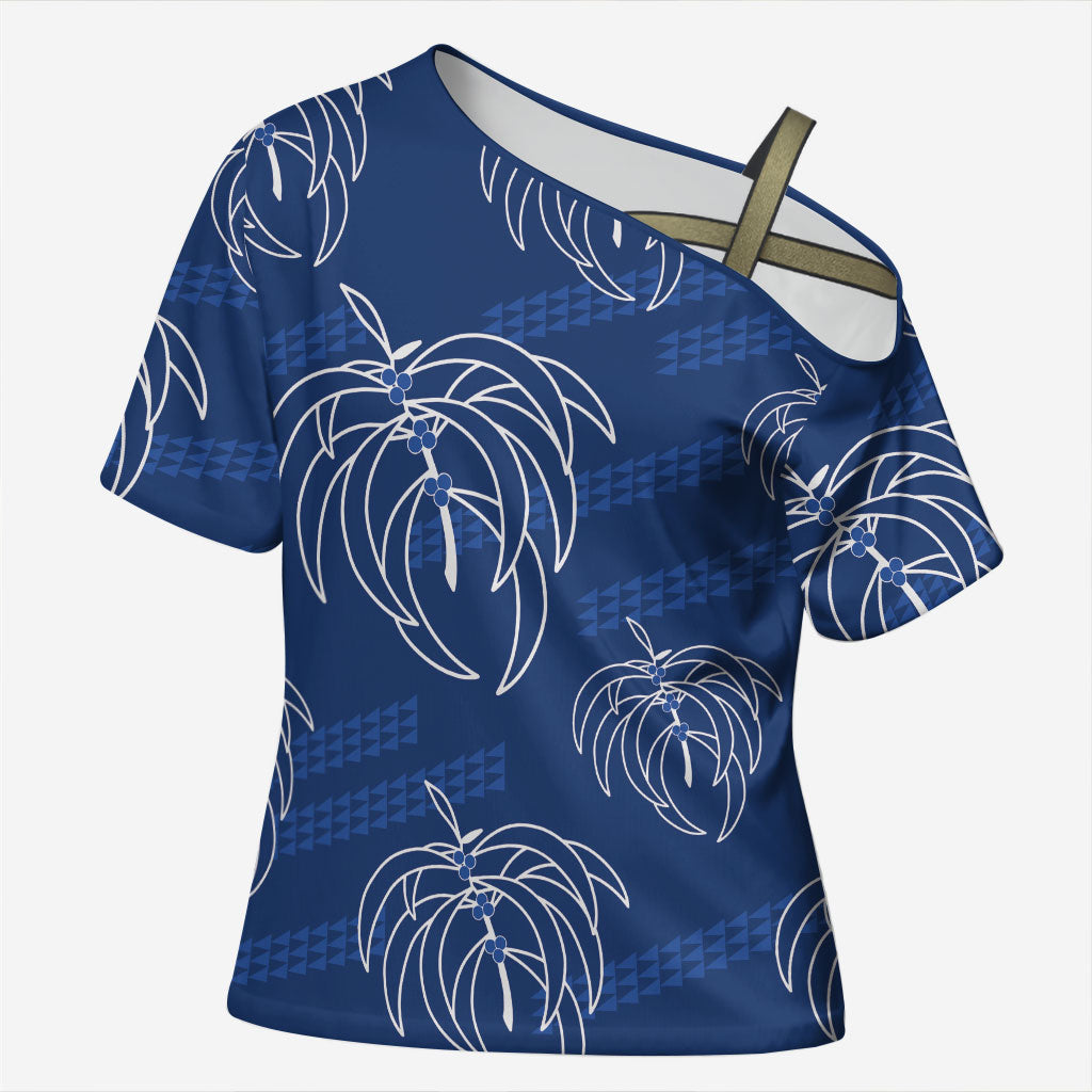 Aloha Hawaii Acacia Koa Leaves Cross Shoulder Shirt Navy Kakau Tribal Pattern