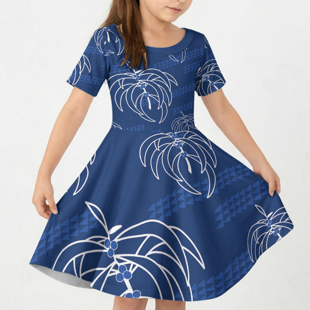 Aloha Hawaii Acacia Koa Leaves Kid Short Sleeve Dress Navy Kakau Tribal Pattern LT05 KID Navy - Polynesian Pride