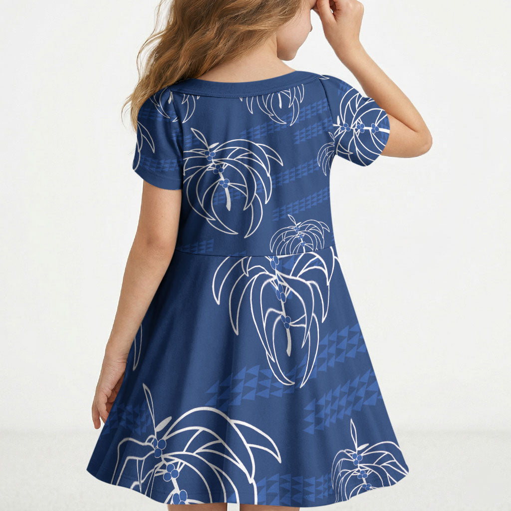 Aloha Hawaii Acacia Koa Leaves Kid Short Sleeve Dress Navy Kakau Tribal Pattern LT05 - Polynesian Pride