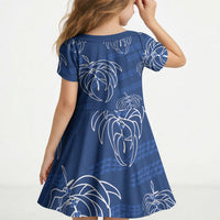Aloha Hawaii Acacia Koa Leaves Kid Short Sleeve Dress Navy Kakau Tribal Pattern LT05 - Polynesian Pride