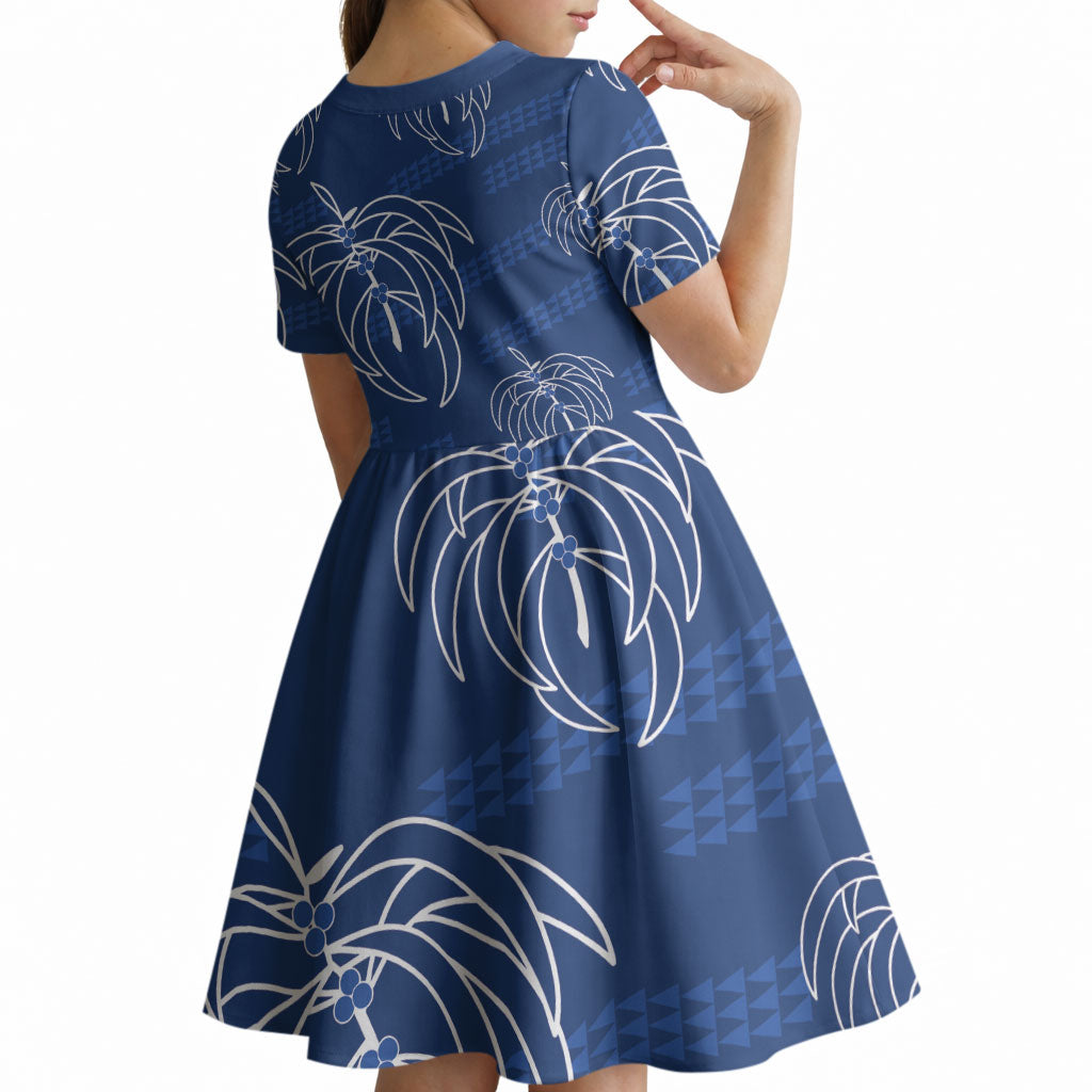 Aloha Hawaii Acacia Koa Leaves Kid Short Sleeve Dress Navy Kakau Tribal Pattern LT05 - Polynesian Pride