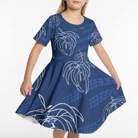 Aloha Hawaii Acacia Koa Leaves Kid Short Sleeve Dress Navy Kakau Tribal Pattern LT05 - Polynesian Pride
