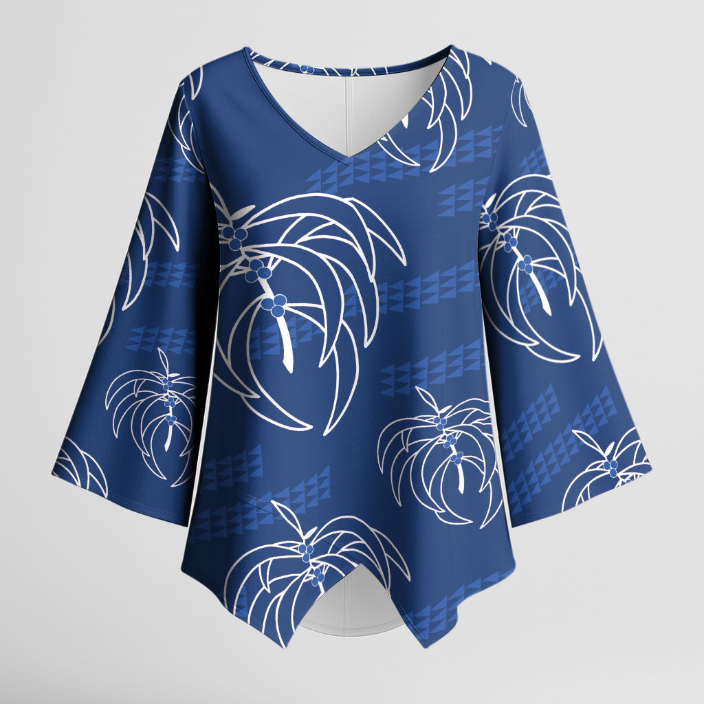 Aloha Hawaii Acacia Koa Leaves Kimono Sleeve Blouse Navy Kakau Tribal Pattern