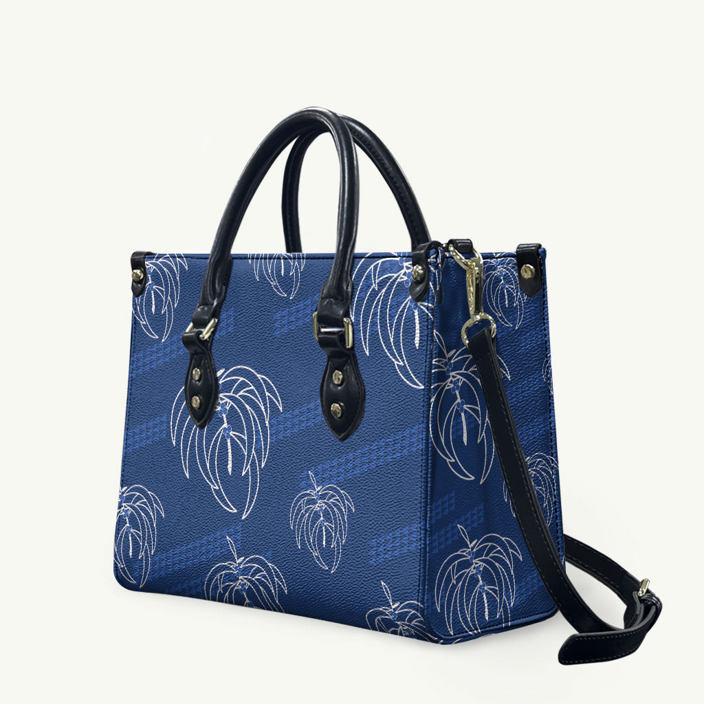 Aloha Hawaii Acacia Koa Leaves Leather Bag Navy Kakau Tribal Pattern