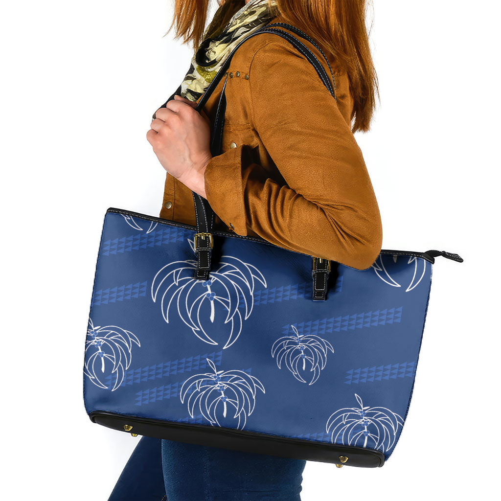 Aloha Hawaii Acacia Koa Leaves Leather Tote Bag Navy Kakau Tribal Pattern