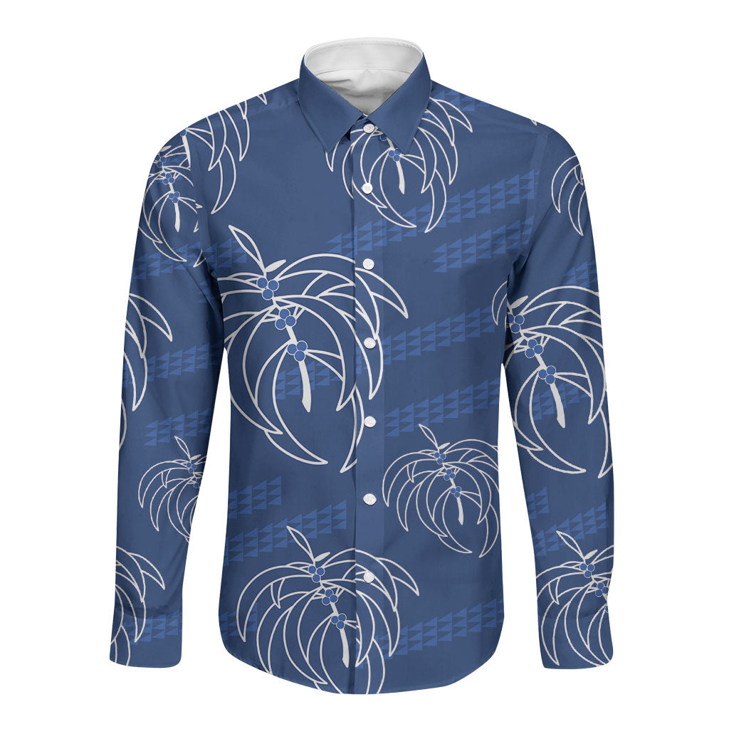 Aloha Hawaii Acacia Koa Leaves Long Sleeve Button Shirt Navy Kakau Tribal Pattern