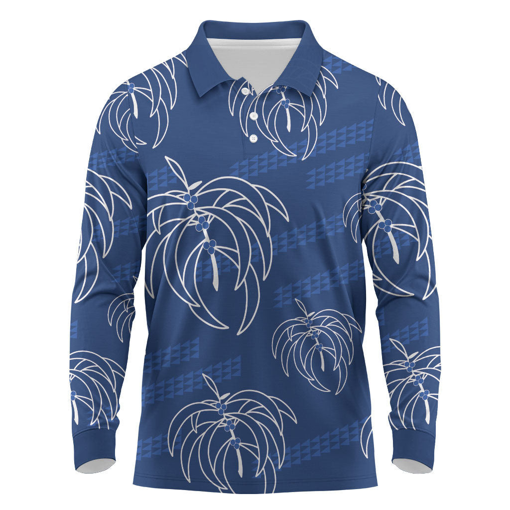 Aloha Hawaii Acacia Koa Leaves Long Sleeve Polo Shirt Navy Kakau Tribal Pattern LT05 Navy - Polynesian Pride