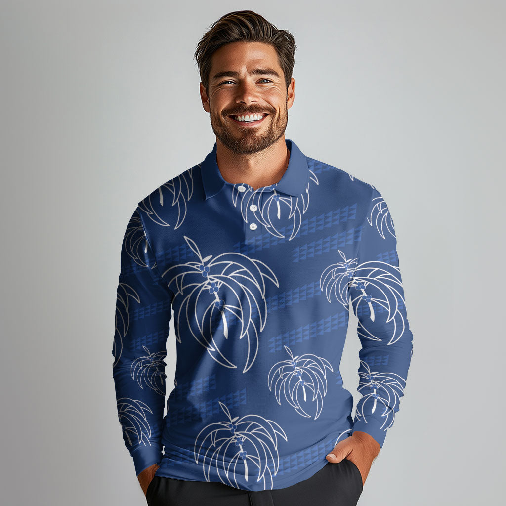 Aloha Hawaii Acacia Koa Leaves Long Sleeve Polo Shirt Navy Kakau Tribal Pattern LT05 - Polynesian Pride