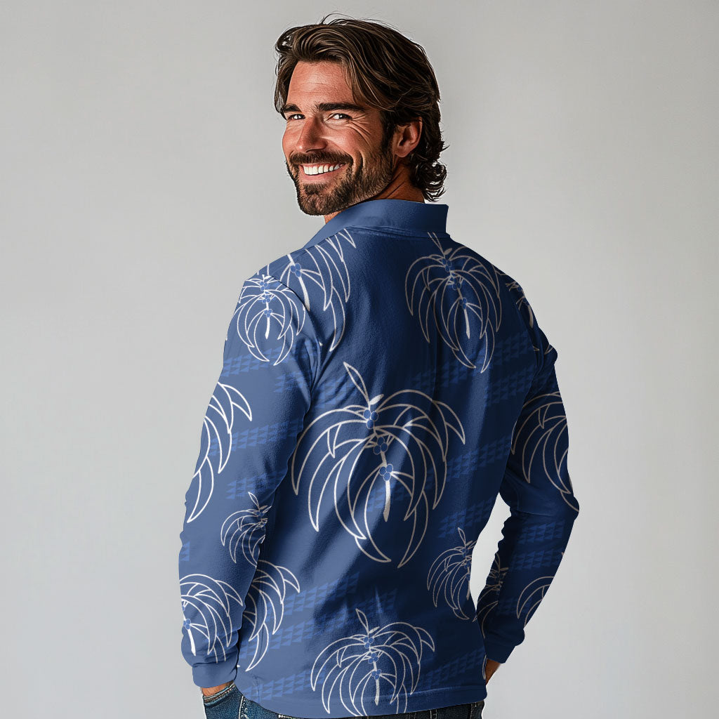 Aloha Hawaii Acacia Koa Leaves Long Sleeve Polo Shirt Navy Kakau Tribal Pattern LT05 - Polynesian Pride