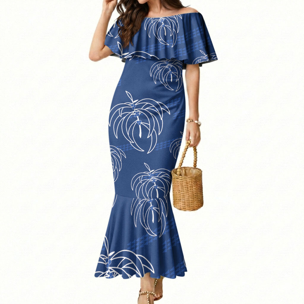 Aloha Hawaii Acacia Koa Leaves Mermaid Dress Navy Kakau Tribal Pattern