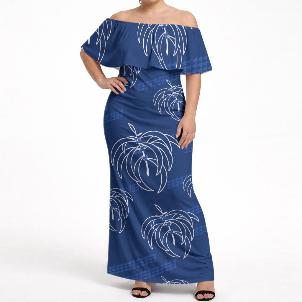Aloha Hawaii Acacia Koa Leaves Off Shoulder Maxi Dress Navy Kakau Tribal Pattern