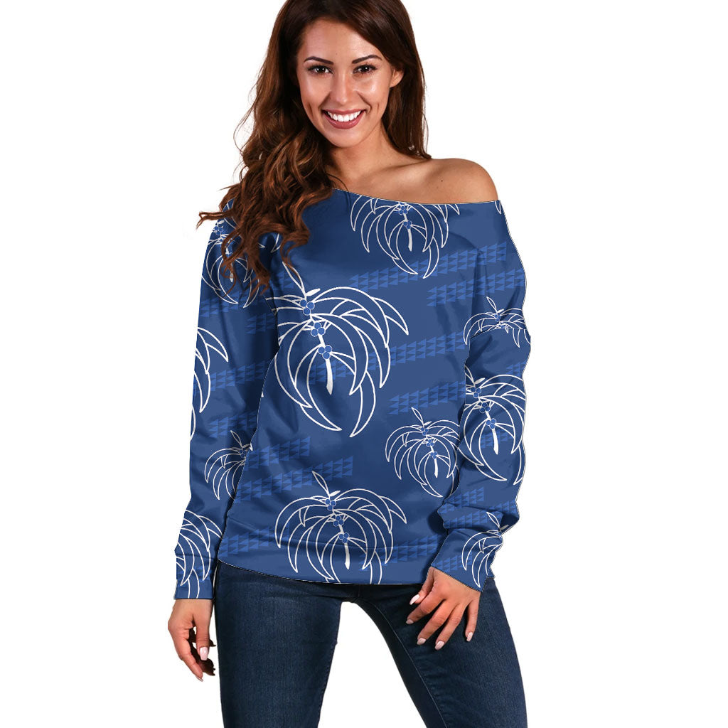Aloha Hawaii Acacia Koa Leaves Off Shoulder Sweater Navy Kakau Tribal Pattern