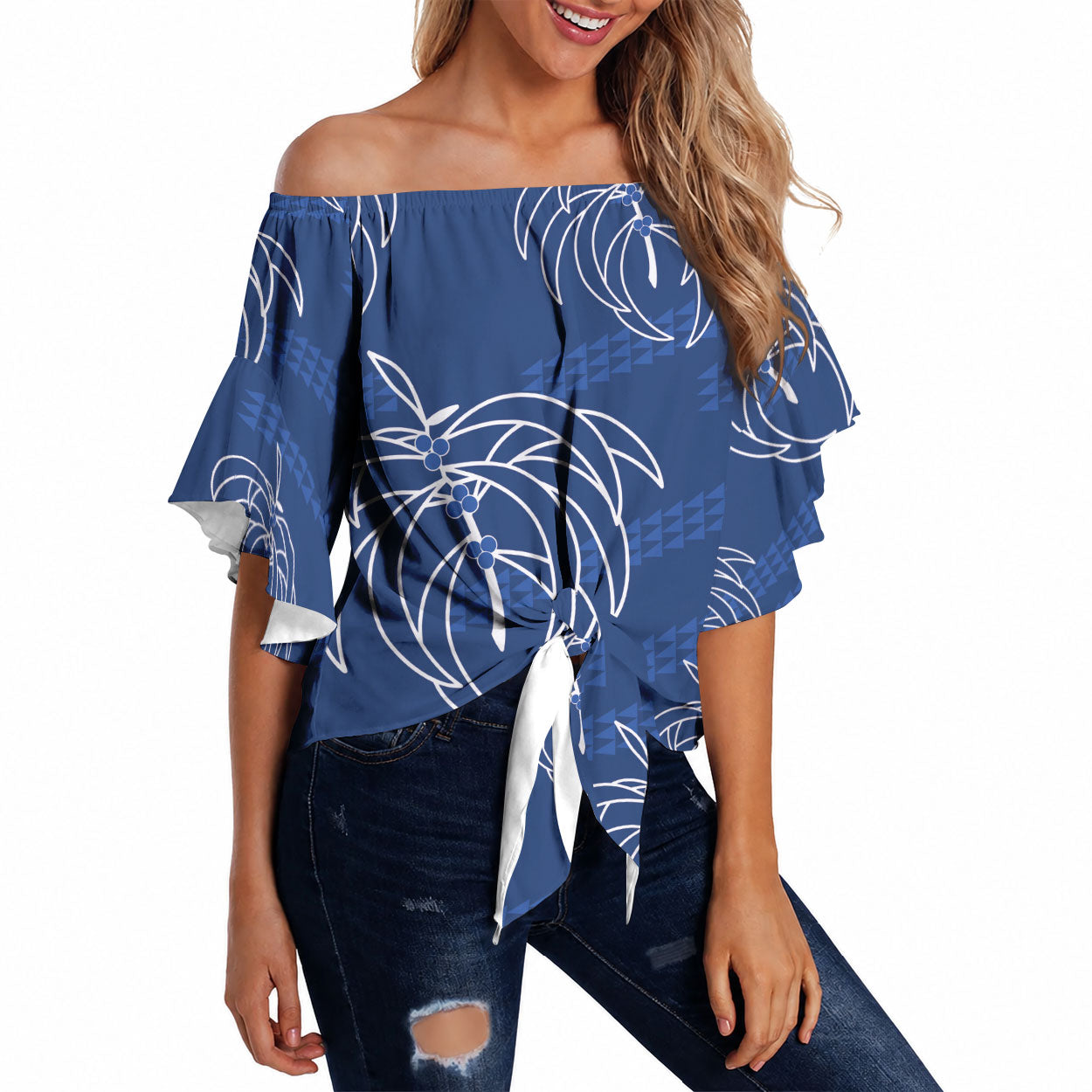 Aloha Hawaii Acacia Koa Leaves Off Shoulder Wrap Waist Top Navy Kakau Tribal Pattern