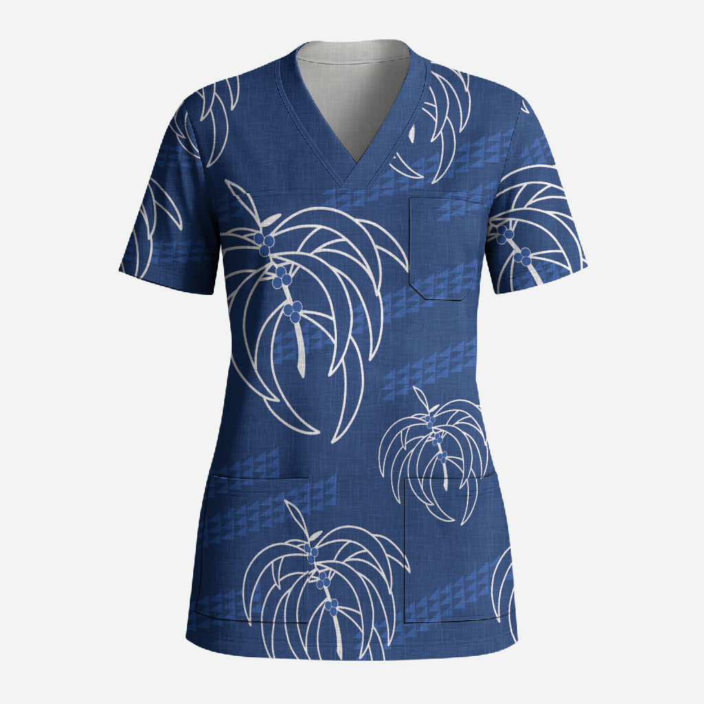 Aloha Hawaii Acacia Koa Leaves Scrub Top Navy Kakau Tribal Pattern