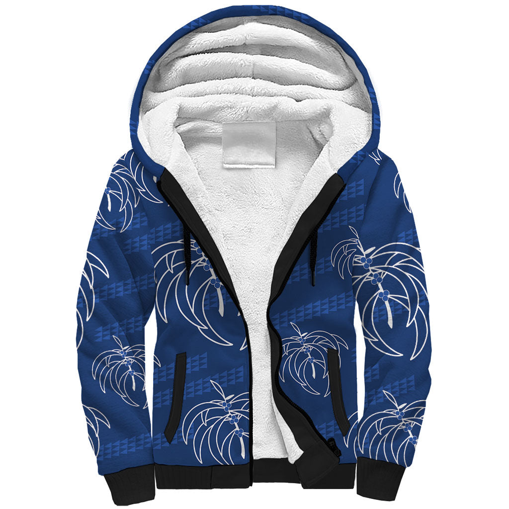 Aloha Hawaii Acacia Koa Leaves Sherpa Hoodie Navy Kakau Tribal Pattern