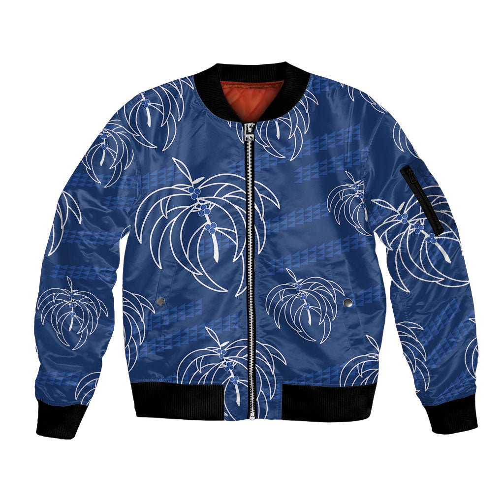 Aloha Hawaii Acacia Koa Leaves Sleeve Zip Bomber Jacket Navy Kakau Tribal Pattern