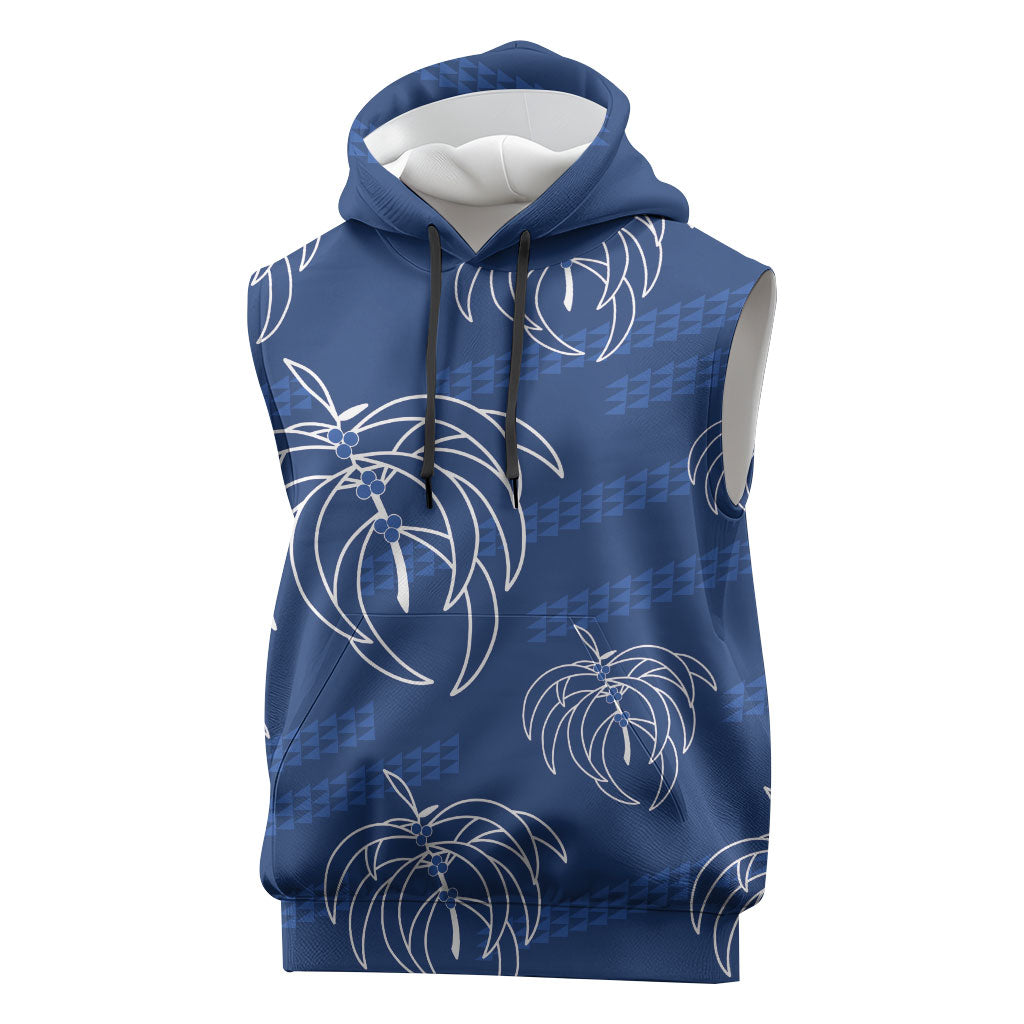 Aloha Hawaii Acacia Koa Leaves Sleeveless Hoodie Navy Kakau Tribal Pattern