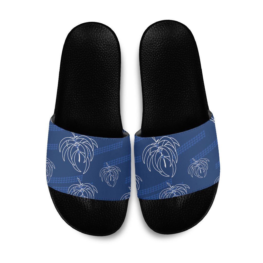 Aloha Hawaii Acacia Koa Leaves Slide Sandals Navy Kakau Tribal Pattern