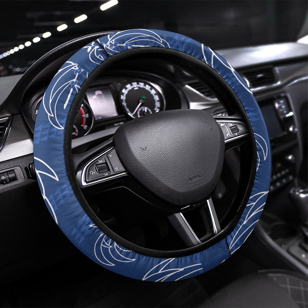 Aloha Hawaii Acacia Koa Leaves Steering Wheel Cover Navy Kakau Tribal Pattern