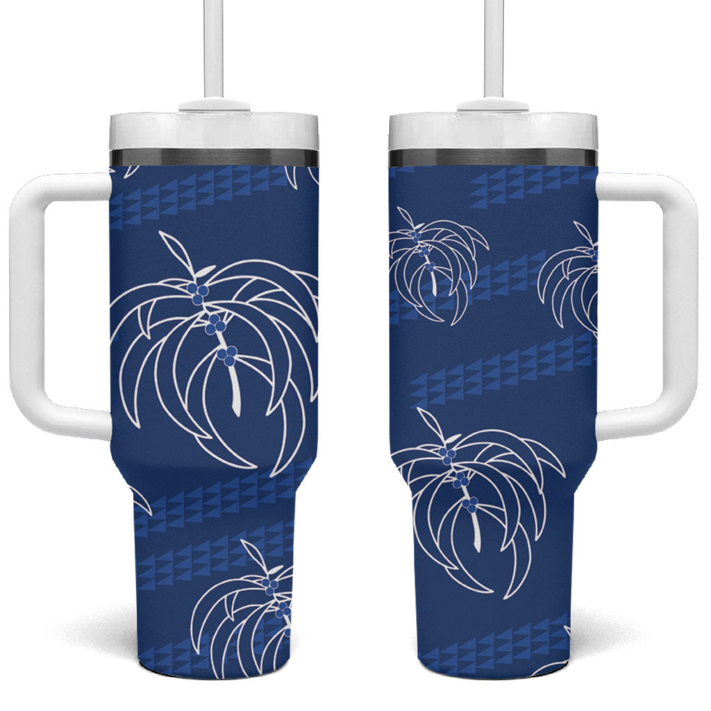 Aloha Hawaii Acacia Koa Leaves Tumbler With Handle Navy Kakau Tribal Pattern