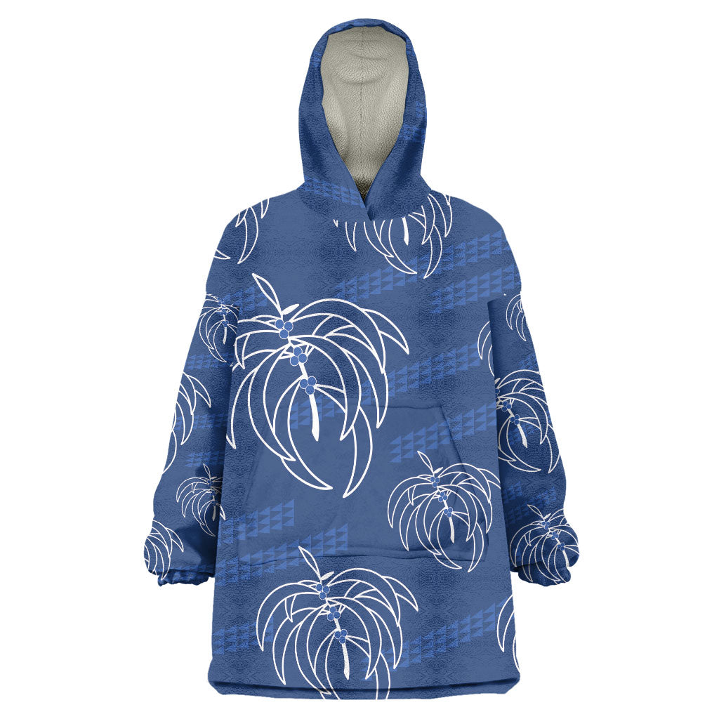 Aloha Hawaii Acacia Koa Leaves Wearable Blanket Hoodie Navy Kakau Tribal Pattern