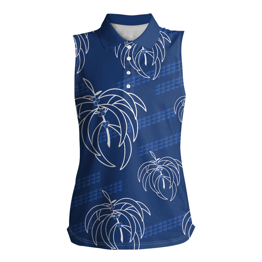 Aloha Hawaii Acacia Koa Leaves Women Sleeveless Polo Shirt Navy Kakau Tribal Pattern