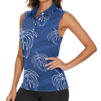 Aloha Hawaii Acacia Koa Leaves Women Sleeveless Polo Shirt Navy Kakau Tribal Pattern LT05 - Polynesian Pride