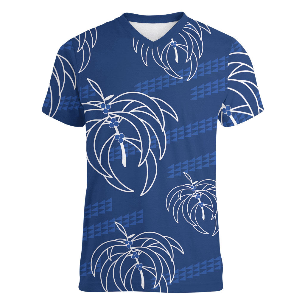 Aloha Hawaii Acacia Koa Leaves Women V-Neck T-Shirt Navy Kakau Tribal Pattern