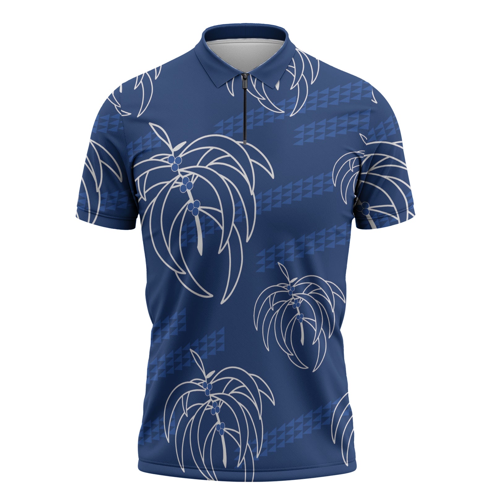 Aloha Hawaii Acacia Koa Leaves Zipper Polo Shirt Navy Kakau Tribal Pattern