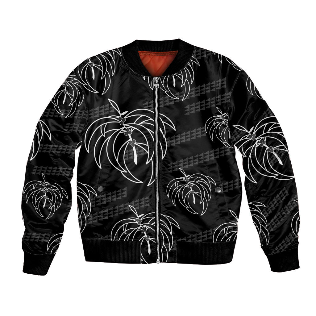 Aloha Hawaii Acacia Koa Leaves Bomber Jacket Black Kakau Tribal Pattern