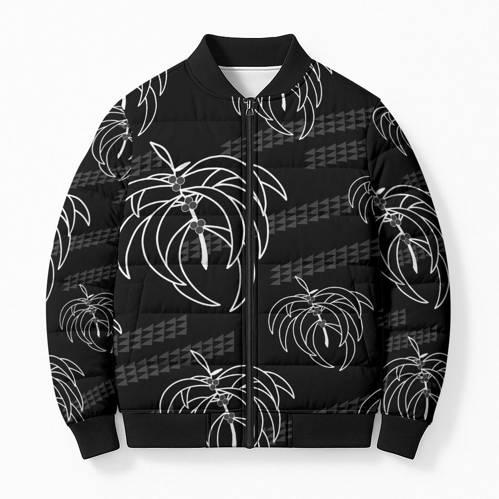 Aloha Hawaii Acacia Koa Leaves Bomber Puffer Jacket Black Kakau Tribal Pattern